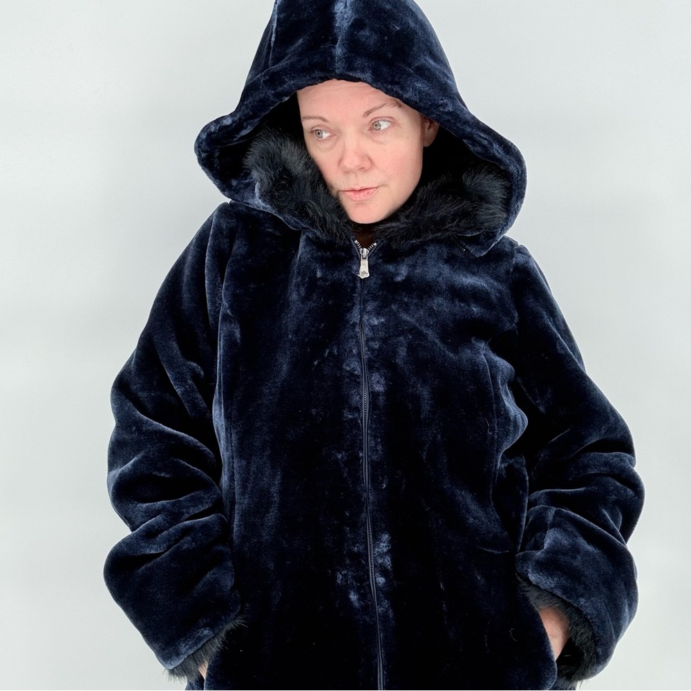Dennis Basso Midnight Navy Blue Faux Fur Coat Jacket Hooded Plush Womens M Lux - Picture 9 of 16